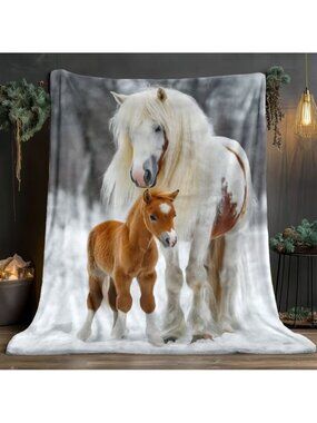 White Horse and Foal in Snowflake Pattern HD Printed Blanket Lightweight Flannel